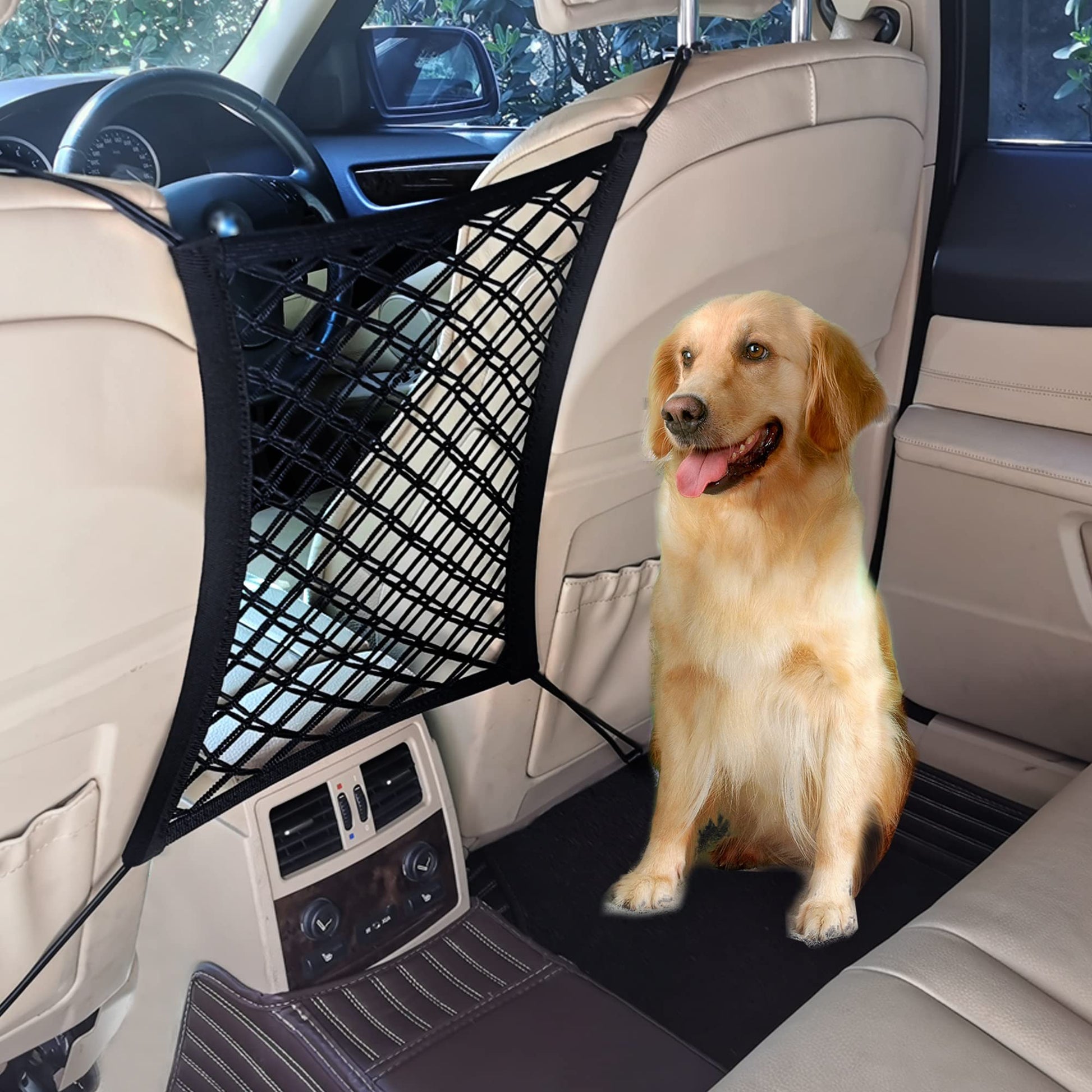 Car dog barrier mesh organizer and safety divider for pets and children in car backseat