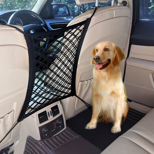 Car dog barrier mesh organizer and safety divider for pets and children in car backseat