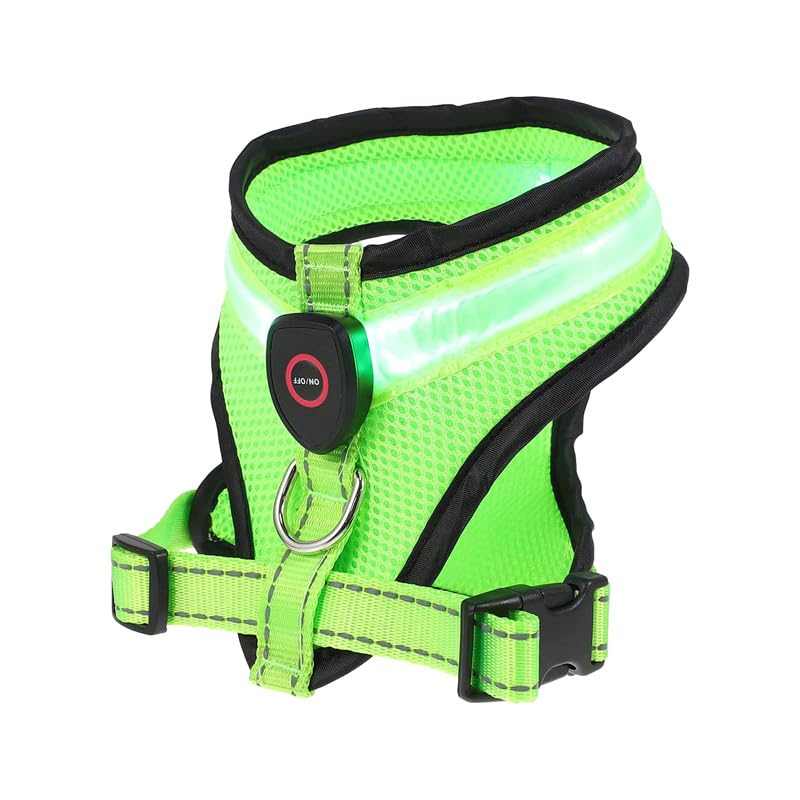 Green Step-in Air Dog LED Harness for small to medium dogs with reflective mesh and secure buckle, rechargeable and water-resistant.
