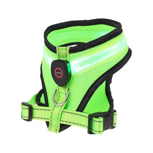 Green Step-in Air Dog LED Harness for small to medium dogs with reflective mesh and secure buckle, rechargeable and water-resistant.