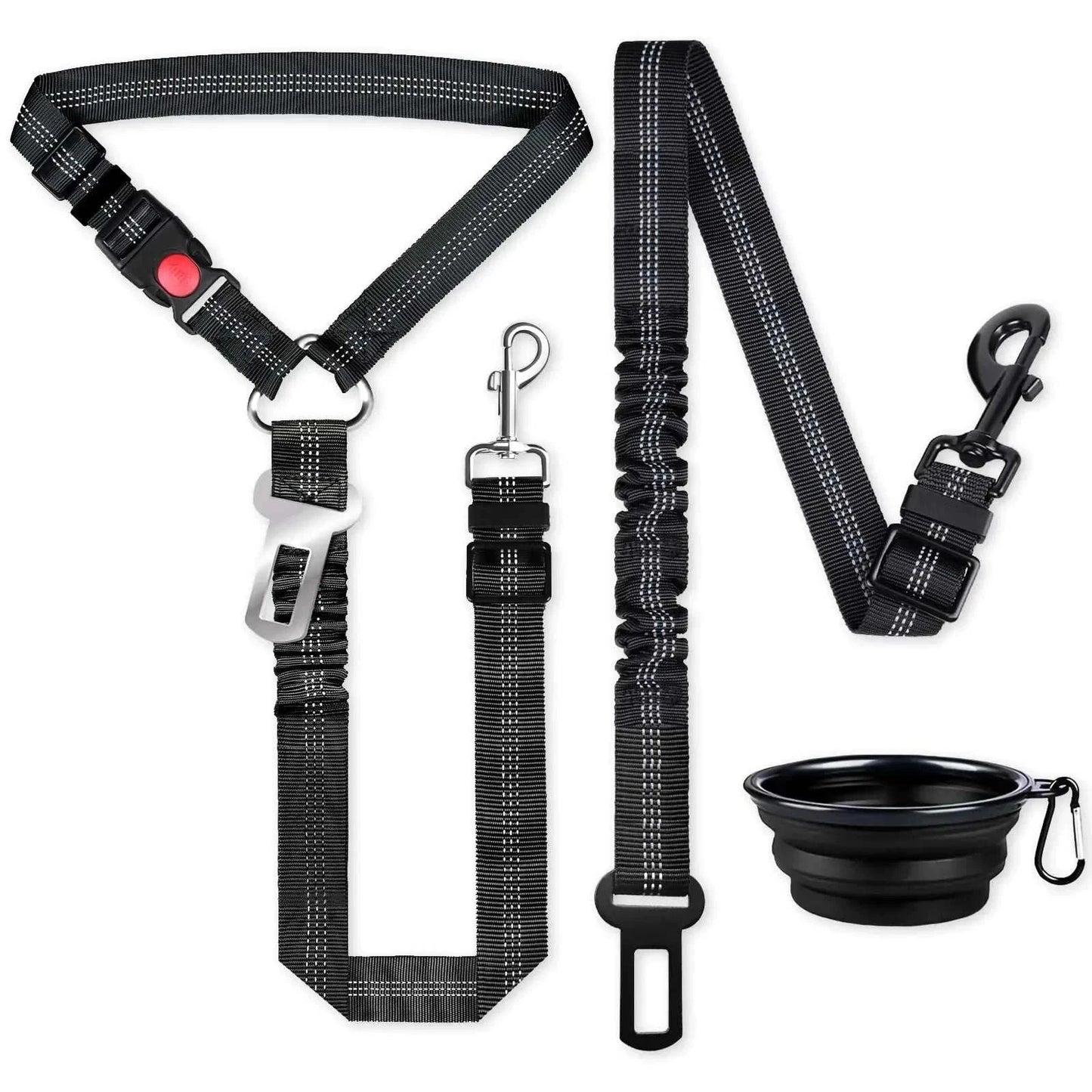 Retractable dog seat belt set with adjustable nylon harness and reflective leash for car safety