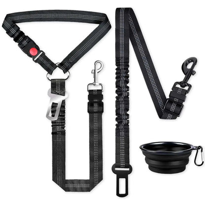 Retractable dog seat belt set with adjustable nylon harness and reflective leash for car safety