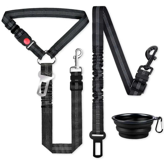 Retractable dog seat belt set with adjustable nylon harness and reflective leash for car safety