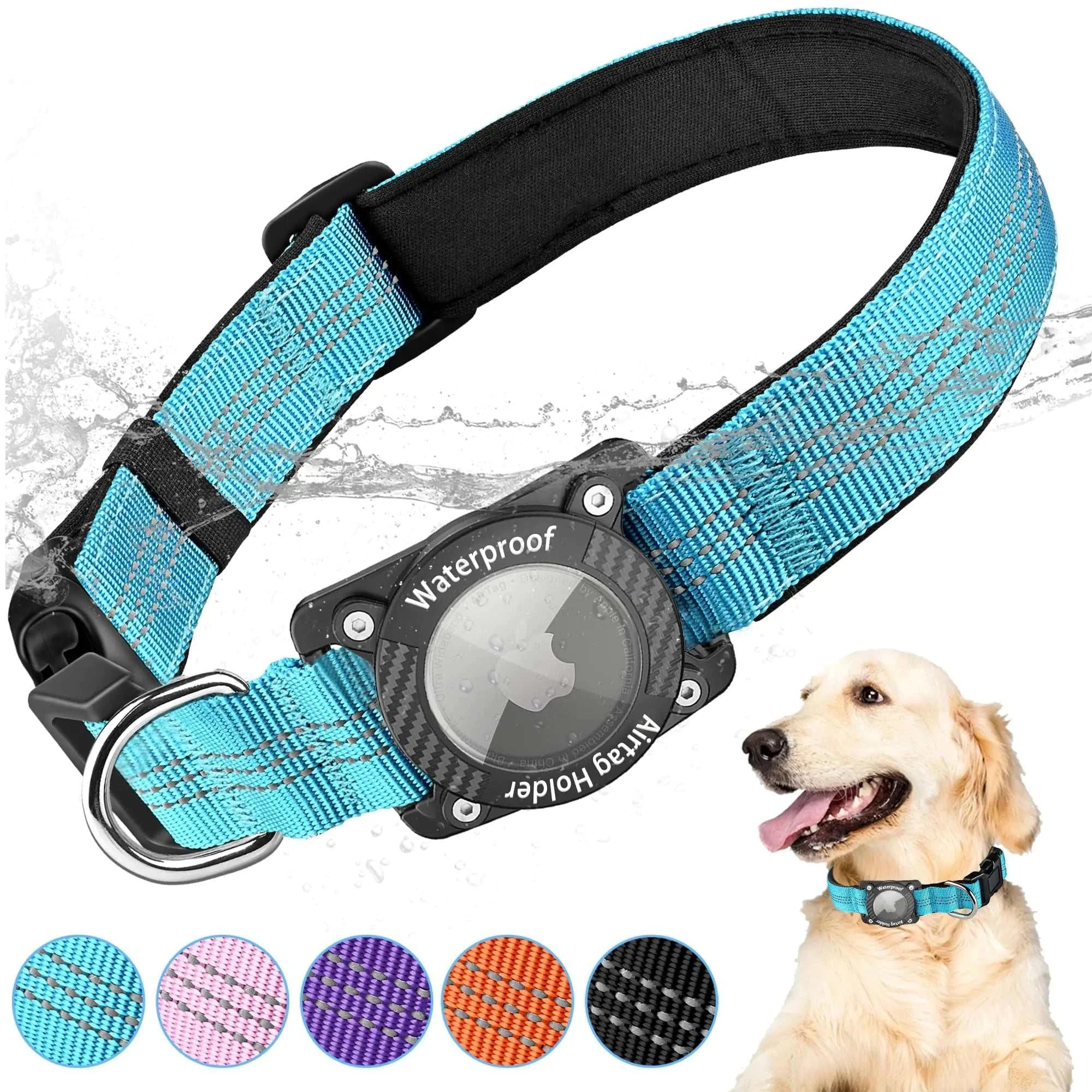 Airtag Dog Collar Apple Airtag Holder for Reflective Dog Collar Waterproof Nylon Dog Collar for Apple Air Tag GPS Tracker Pet Collar for Small Medium Large Dogs Blue S