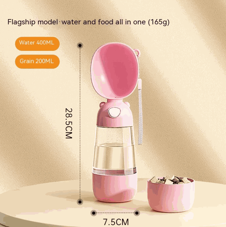 Compact dog portable water bottle for outdoor hydration made of safe food-grade PP material in yellow, pink, and brown colors