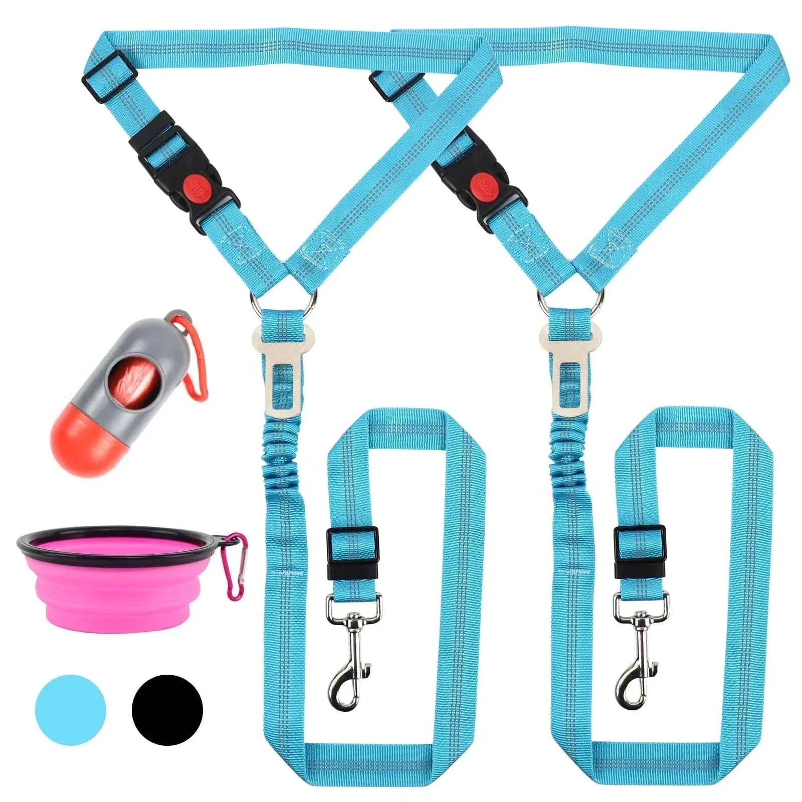 4 in 1 blue dog car seat belt set with adjustable harness, retractable restraint, poop bag, and portable dog bowl