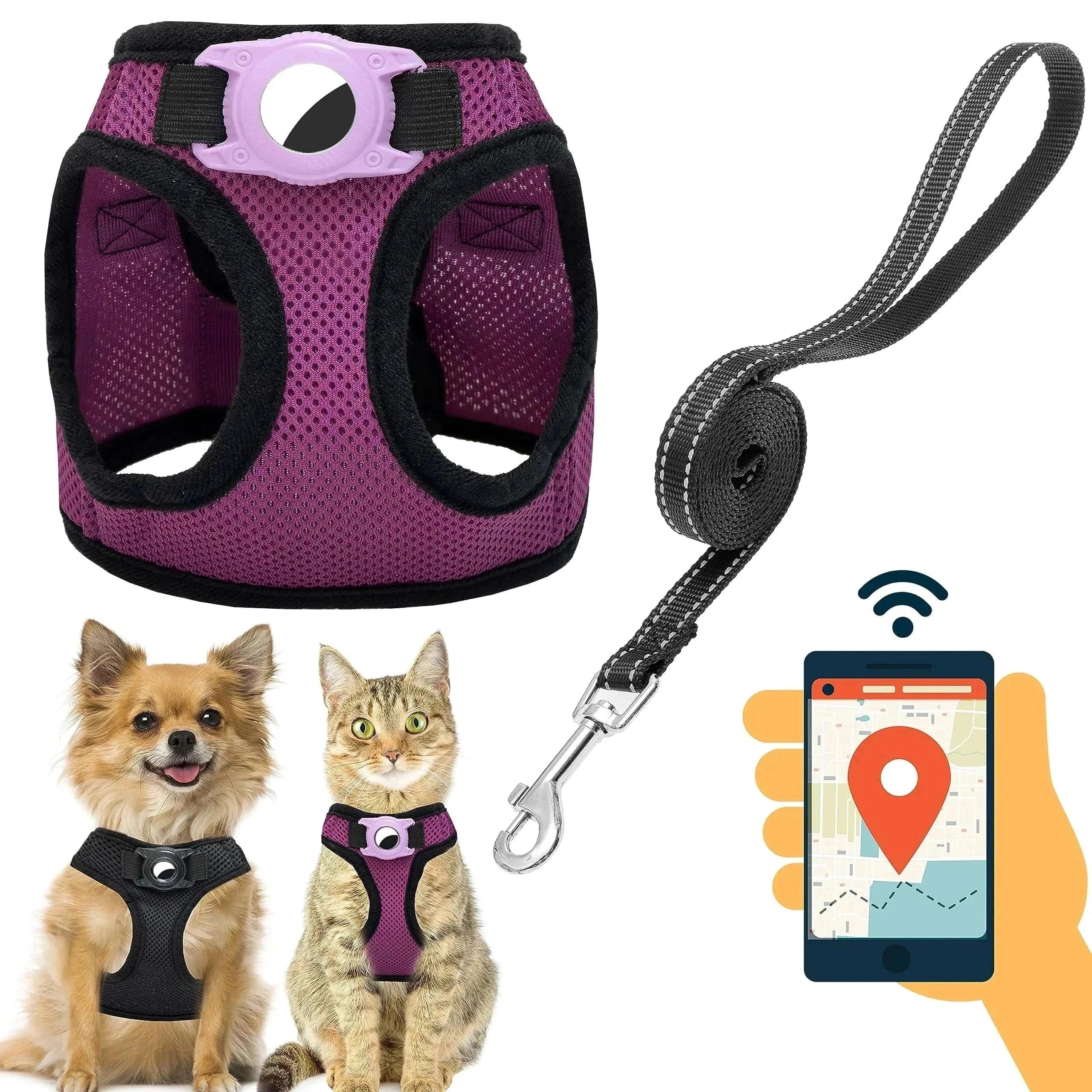 Dog harness with Airtag holder and reflective leash set for small dogs and cats