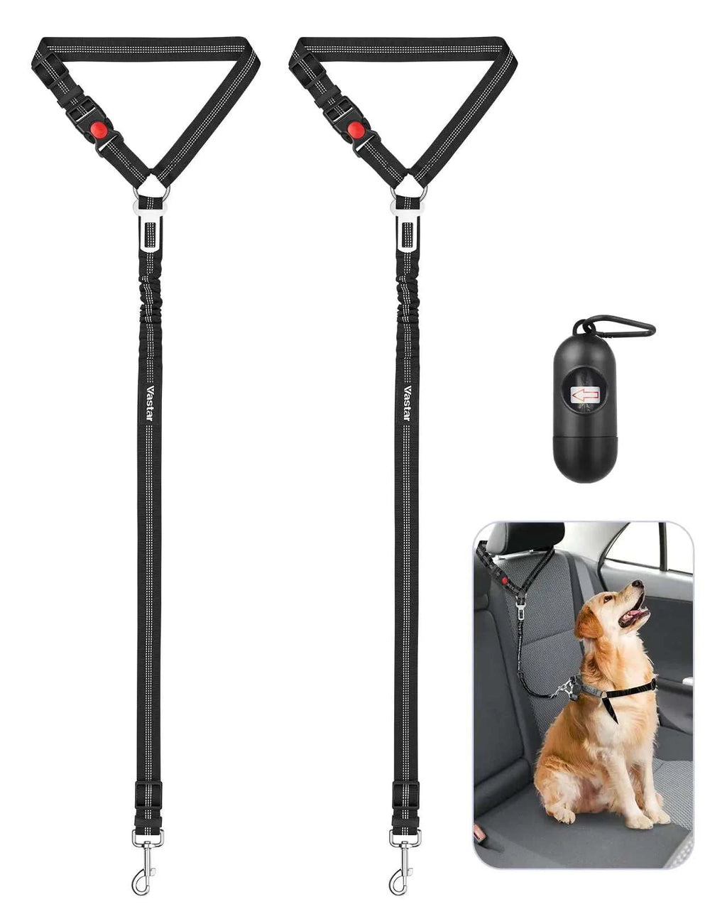 adjustable 2 pack dog seat belt with reflective bungee and headrest restraint for car safety