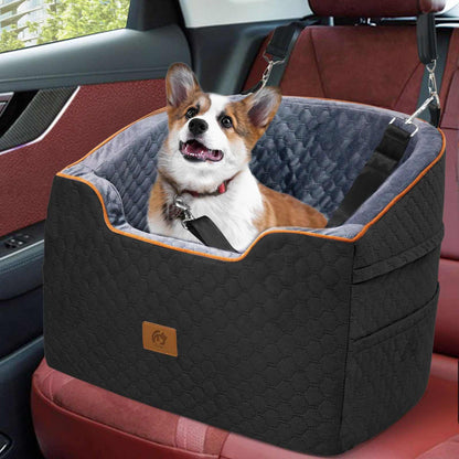 Memory Foam Dog Booster Car Seat with detachable washable cover and adjustable safety belt for small to medium dogs up to 37lbs