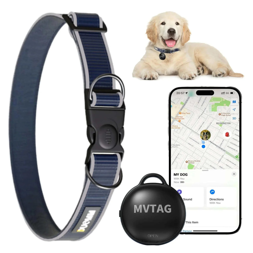 Smart dog collar with GPS tracker compatible with Apple Find My, adjustable, waterproof, and no subscription needed