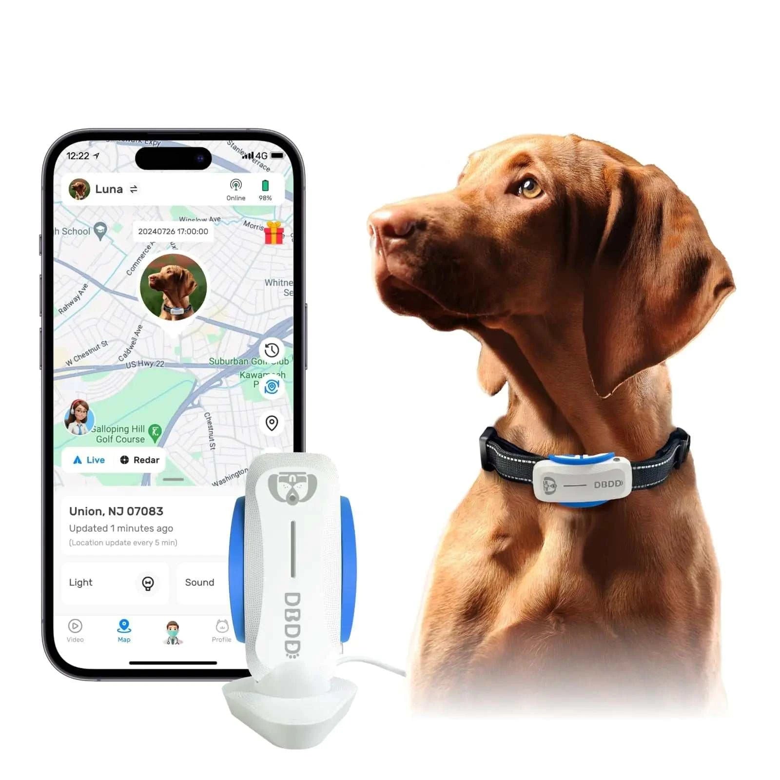 White DBDD Dog GPS Tracker with real-time location, waterproof, activity monitor, and escape alerts for dogs over 40 lbs, compatible with iOS and Android