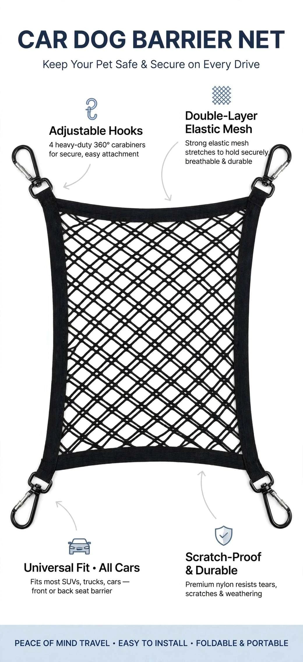 Adjustable car dog barrier with two-layer mesh organizer installed in vehicle back seat