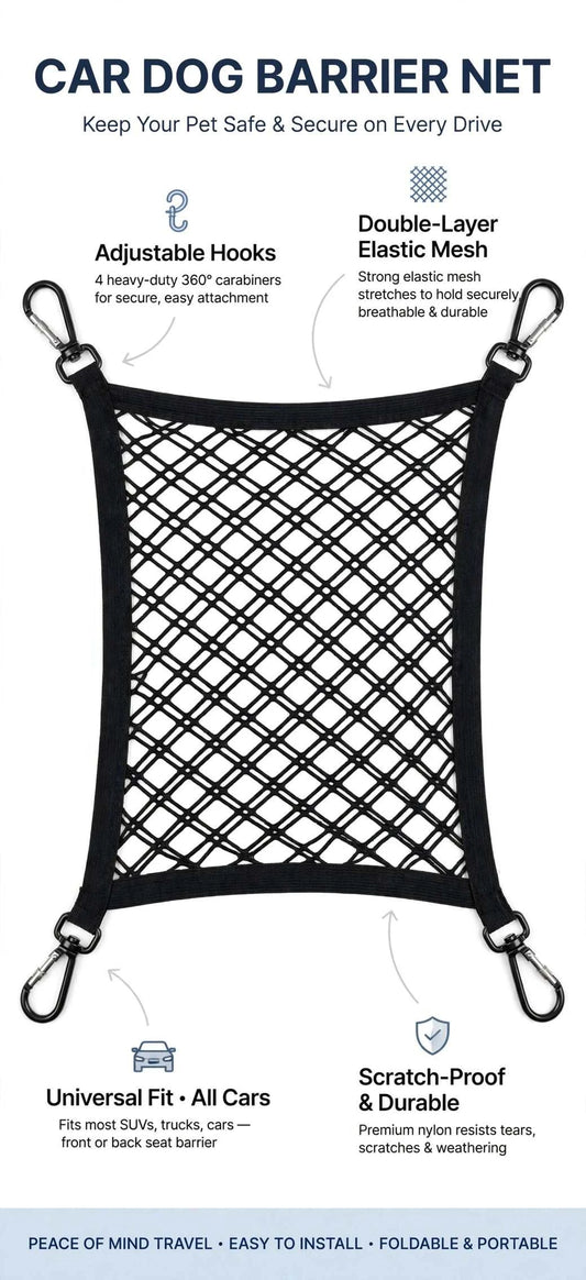 Adjustable car dog barrier with two-layer mesh organizer installed in vehicle back seat