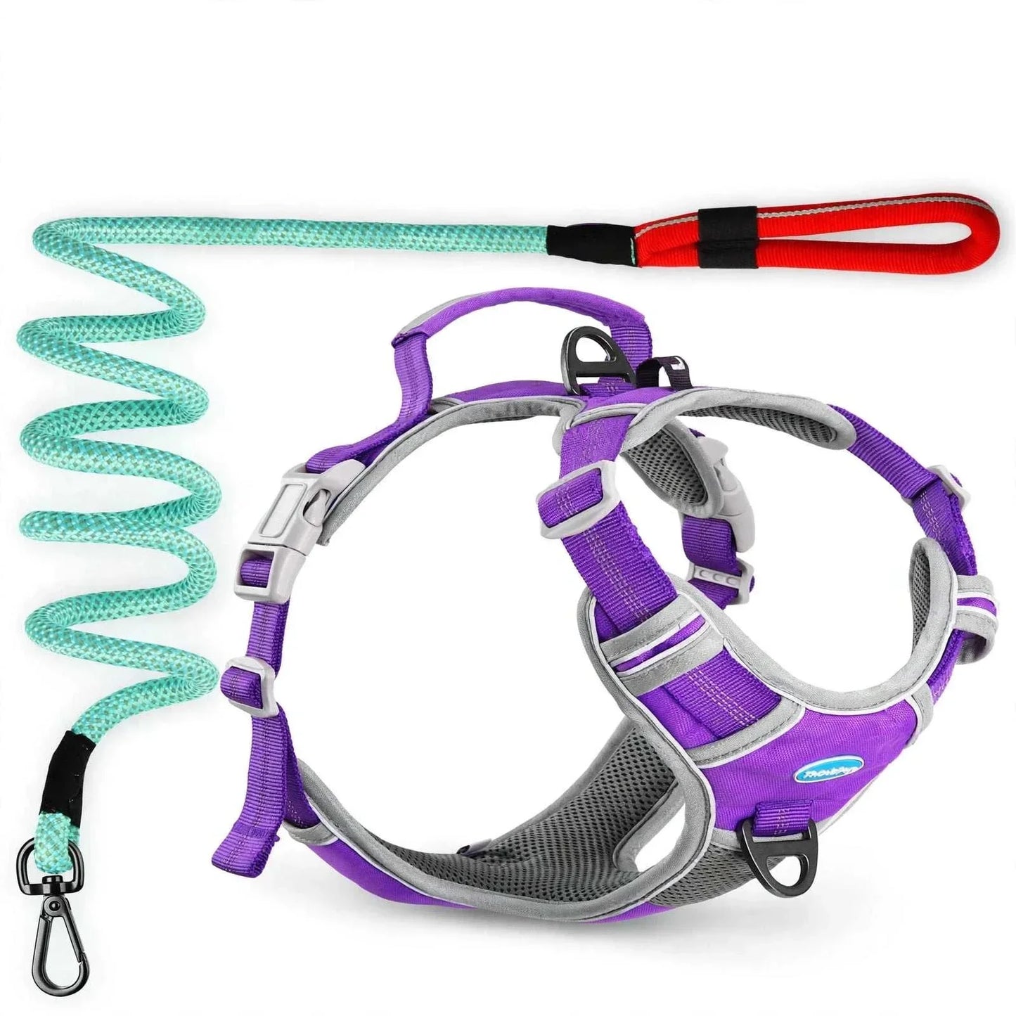 ThinkPet No Pull Harness set with breathable mesh padding, locking buckles, reflective straps, padded handle, and matching leash for small to large dogs