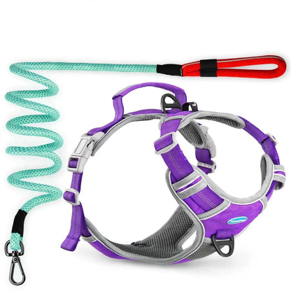 ThinkPet No Pull Harness set with breathable mesh padding, locking buckles, reflective straps, padded handle, and matching leash for small to large dogs