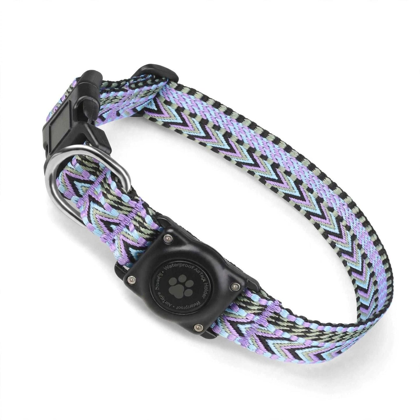Waterproof adjustable AirTag dog collar with built-in tracker holder in black, orange, and purple