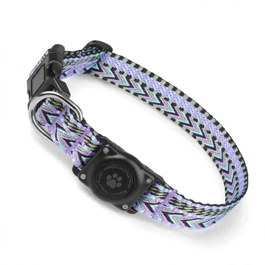 Waterproof adjustable AirTag dog collar with built-in tracker holder in black, orange, and purple